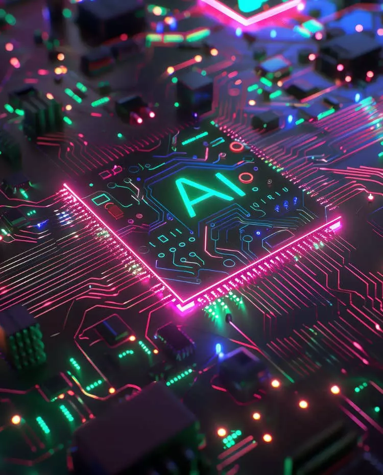 Vorlage_Hochkant Ein Computer-Chip mit der Aufschrift "AI", umgeben von bunten Lichtern. Foto mit Hilfe von KI generiert. Foto: Pixabay|denflinkegrafiker