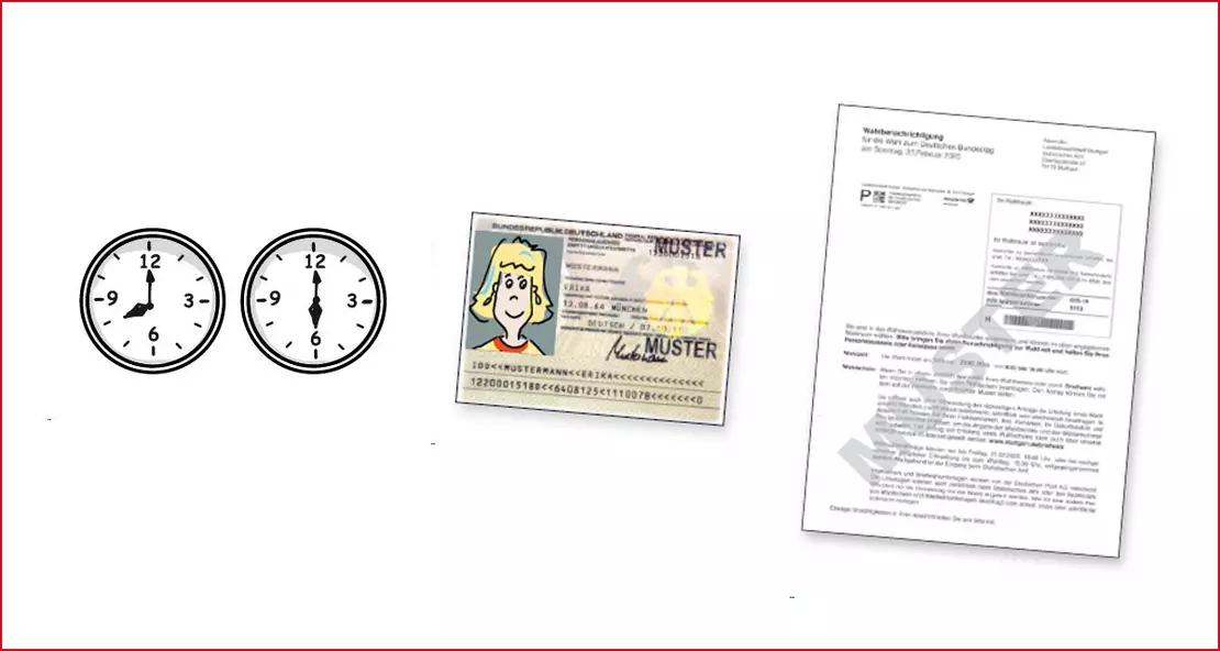 Um im Wahlraum zu wählen: Der Wahlraum ist von 8 Uhr bis 18 Uhr offen und bringen Sie mit: Personalausweis oder Reisepass und die Wahlbenachrichtigung