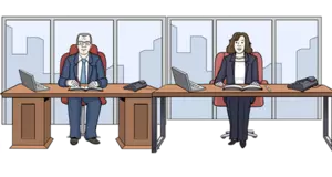 Der Direktor und die Direktorin sitzen an ihrem Schreibtisch Der Direktor und die Direktorin sitzen an ihrem Schreibtisch