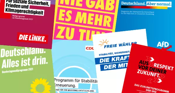 Collage aus Wahlprogrammen zur Bundestagswahl 2021. Grafik: LpB BW