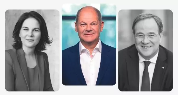 Die Drei im Kampf ums Kanzleramt: Olaf Scholz (Mitte), Armin Laschet und Annalena Baerbock Die Drei im Kampf ums Kanzleramt: Olaf Scholz (Mitte), Armin Laschet und Annalena Baerbock. Fotos: Gruene.de; Thomas Trutschel, Phototek; Laurence Chaperon.