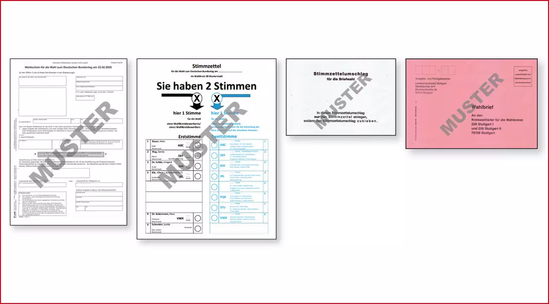 Das sind die Wahl•unterlagen für die Brief•wahl: ein Wahl•schein, ein Stimmzettel, ein kleiner weißer Umschlag und ein roter Umschlag.