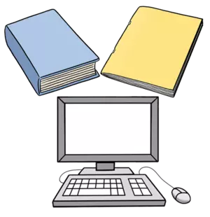 Grafik: Ein Buch, eine Zeitschrift und ein Computer mit Tastatur und Maus Grafik: Ein Buch, eine Zeitschrift und ein Computer mit Tastatur und Maus