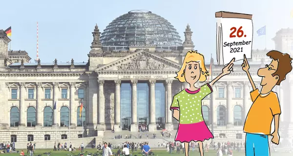 Am 26. September ist die Bundestagswahl. Eine Übersicht über die Wahlprogramme der Parteien in leichter Sprache. Grafik: LpB BW.