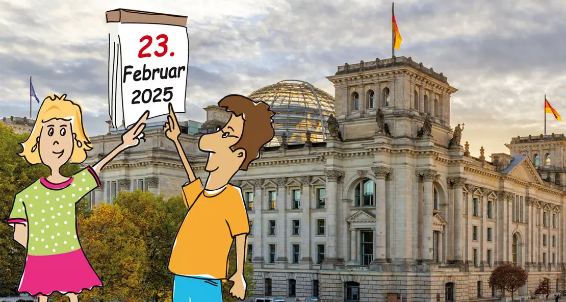 Wahltermin zur Bundestagswahl am 23. Februar 2025. Foto: Deutscher Bundestag | Jörg F. Müller, Grafik: Deutscher Bundestag | Tamara Dubinin Wahltermin zur Bundestagswahl am 23. Februar 2025. Foto: Deutscher Bundestag | Jörg F. Müller, Grafik: Deutscher Bundestag | Tamara Dubinin