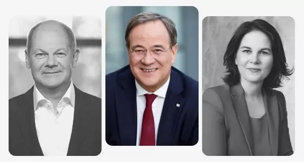 Die Drei im Kampf ums Kanzleramt: Armin Laschet (Mitte), Annalena Baerbock und Olaf Scholz. Die Drei im Kampf ums Kanzleramt: Armin Laschet (Mitte), Annalena Baerbock und Olaf Scholz. Fotos: Thomas Trutschel, Phototek; Laurence Chaperon; Gruene.de.