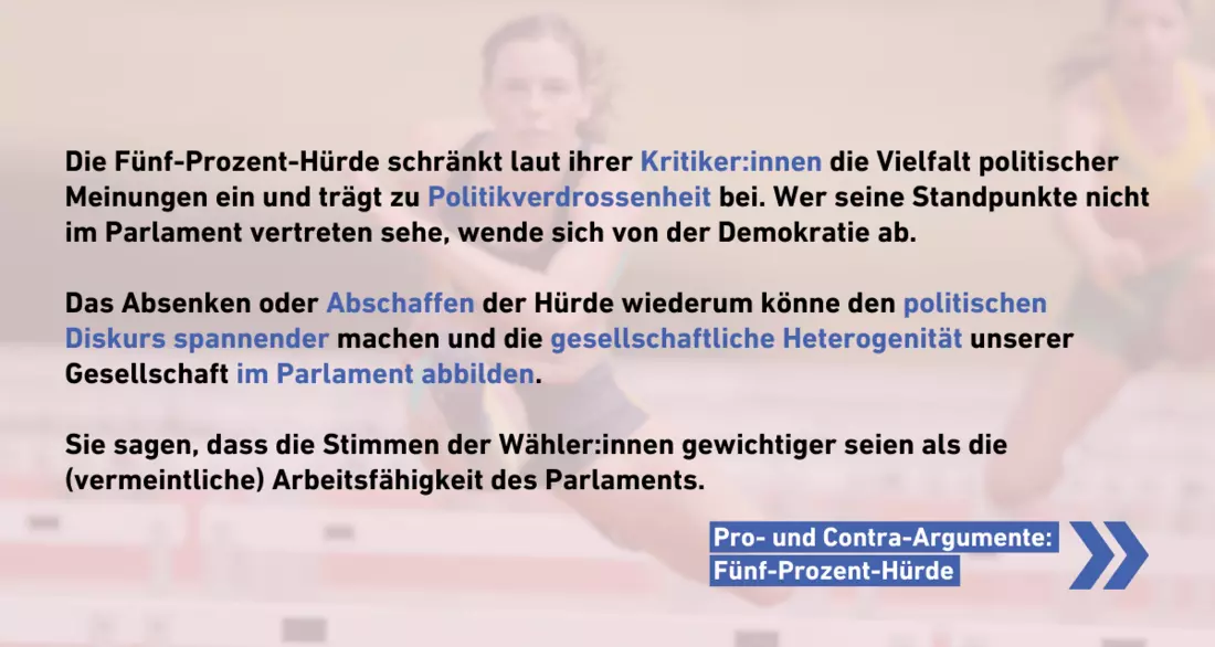 Text: Die Fünf-Prozent-Hürde schränkt laut ihrer Kritiker:innen die Vielfalt politischer Meinungen ein und trägt zu Politikverdrossenheit bei. Wer seine Standpunkte nicht im Parlament vertreten sehe, wende sich von der Demokratie ab.   Das Absenken oder Abschaffen der Hürde wiederum könne den politischen Diskurs spannender machen und die gesellschaftliche Heterogenität unserer Gesellschaft im Parlament abbilden.  Sie sagen, dass die Stimmen der Wähler:innen gewichtiger seien als die (vermeintliche) Arbeitsfähigkeit des Parlaments.