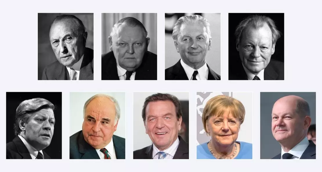 Porträts der ehemaligen Bundeskanzler:innen der Bundesrepublik.