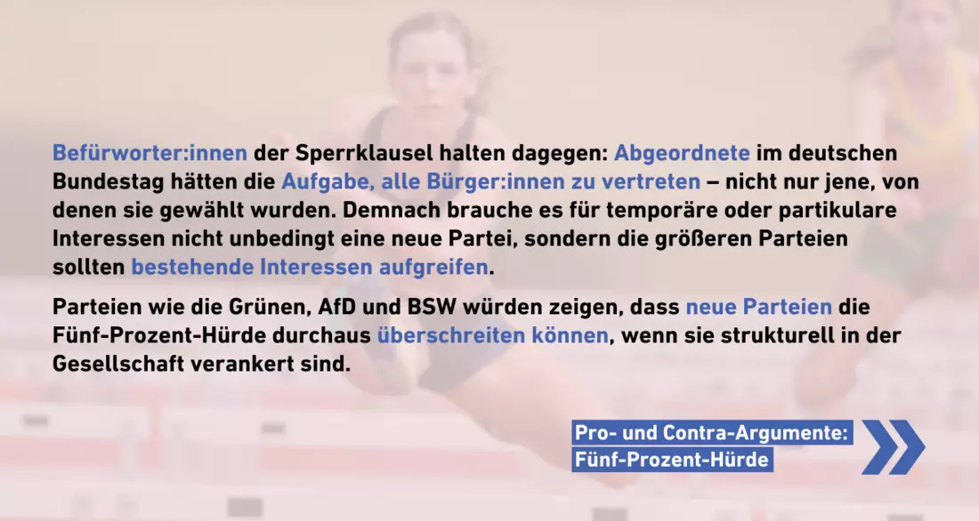 Text: Befürworter:innen der Sperrklausel halten dagegen: Abgeordnete im deutschen Bundestag hätten die Aufgabe, alle Bürger:innen zu vertreten – nicht nur jene, von denen sie gewählt wurden. Demnach brauche es für temporäre oder partikulare Interessen nicht unbedingt eine neue Partei, sondern die größeren Parteien sollten bestehende Interessen aufgreifen.   Parteien wie die Grünen, AfD und BSW würden zeigen, dass neue Parteien die Fünf-Prozent-Hürde durchaus überschreiten können, wenn sie strukturell in der Gesellschaft verankert sind. 